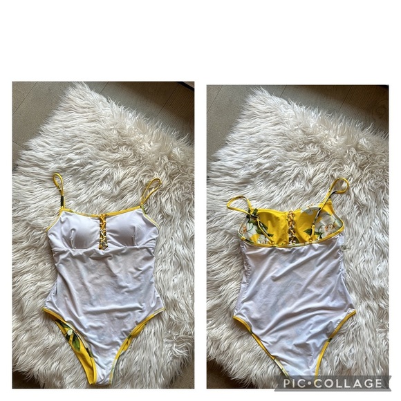 Cupshe Sunny Yellow Floral Print Lace-Up One-Piece Swimsuit Size Medium - Picture 10 of 11